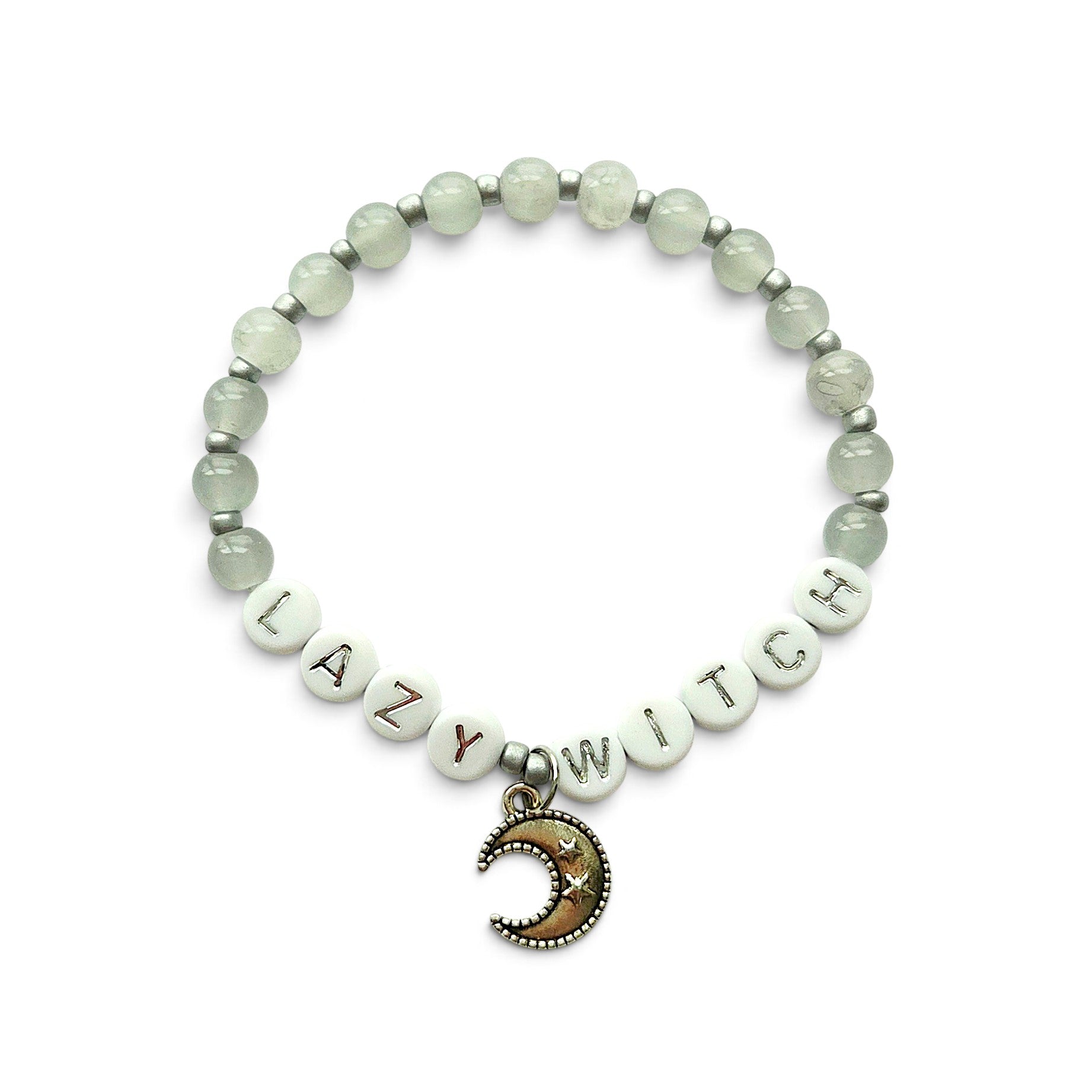 Handmade by Erika Liesel Lazy Witch stretch bracelet with gray glass beads, silver letters, and crescent moon charm.