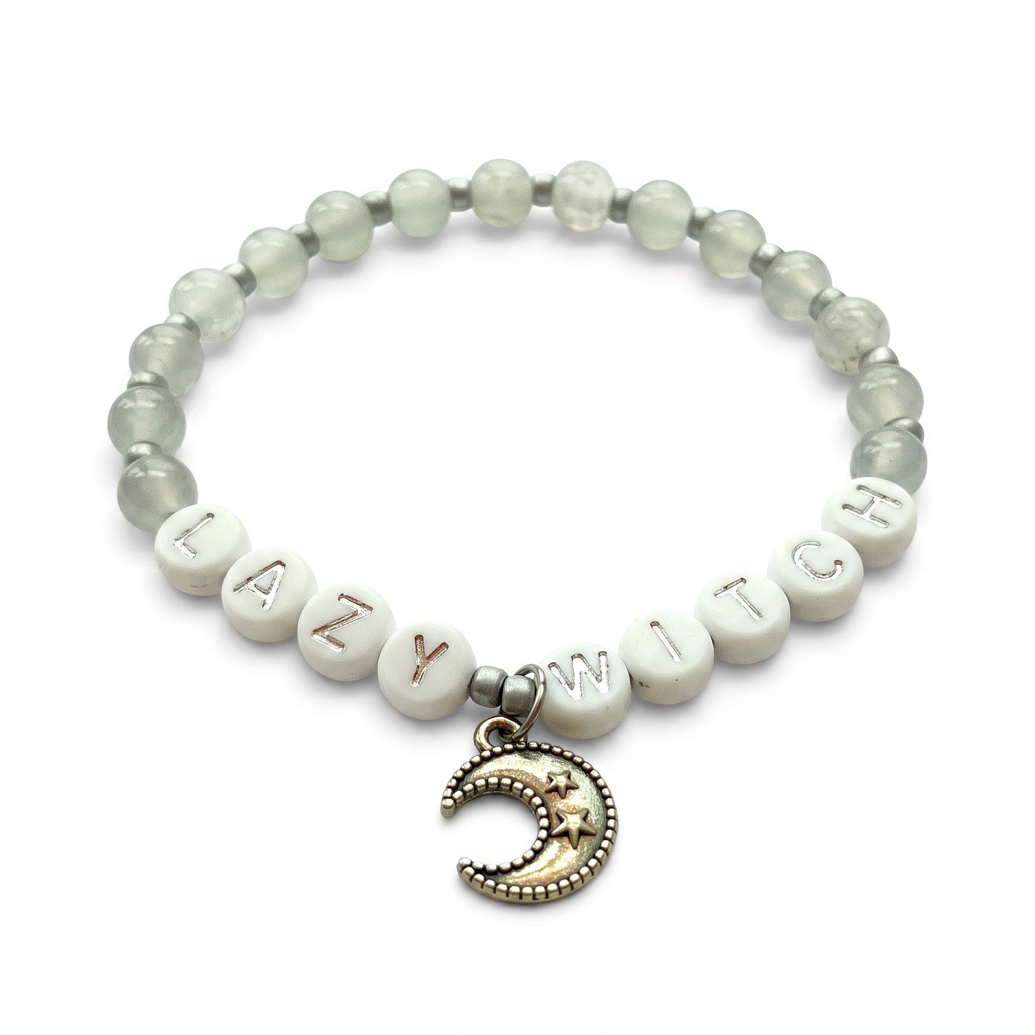 Handmade by Erika Liesel Lazy Witch bracelet with gray glass beads, silver letter beads, and a crescent moon charm.