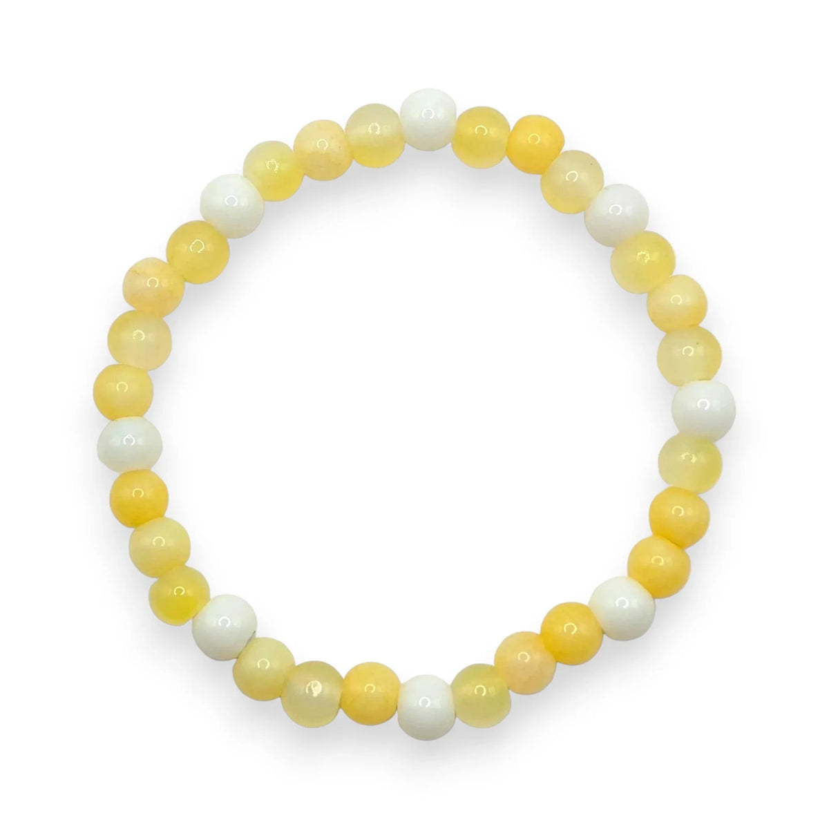 Handmade by Erika Liesel stretch bracelet featuring 6mm lemon yellow and milky white glass beads in a circular pattern.