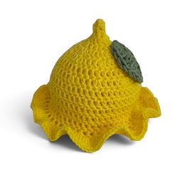 Handmade by Erika Liesel yellow lemon-shaped crochet gnome hat with a green leaf accent for Build-A-Gnome dolls.
