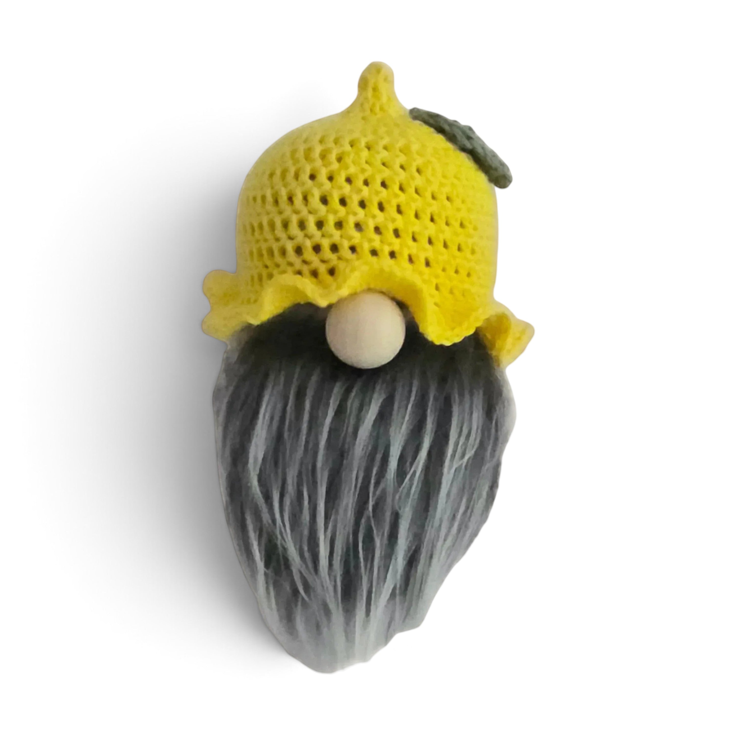 Handmade by Erika Liesel lemon-shaped crochet gnome hat in bright yellow with a small green leaf accent