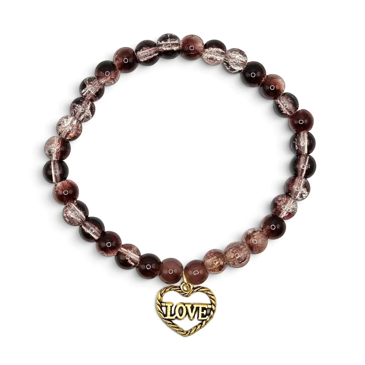 Handmade by Erika Liesel stretch bracelet with smoky brown crackle glass beads and a gold-tone Love heart charm.