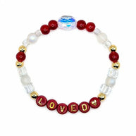 Handmade by Erika Liesel Loved stretch bracelet with red and clear crystal beads and 18K gold-plated accents.