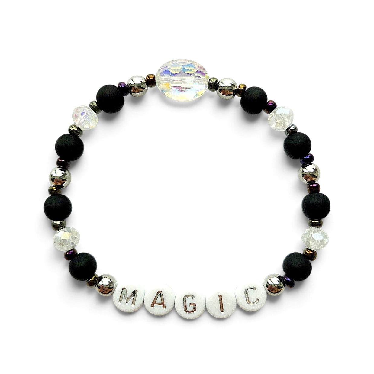 Handmade by Erika Liesel Magic stretch bracelet with matte black beads, silver accents, and iridescent crystal center.