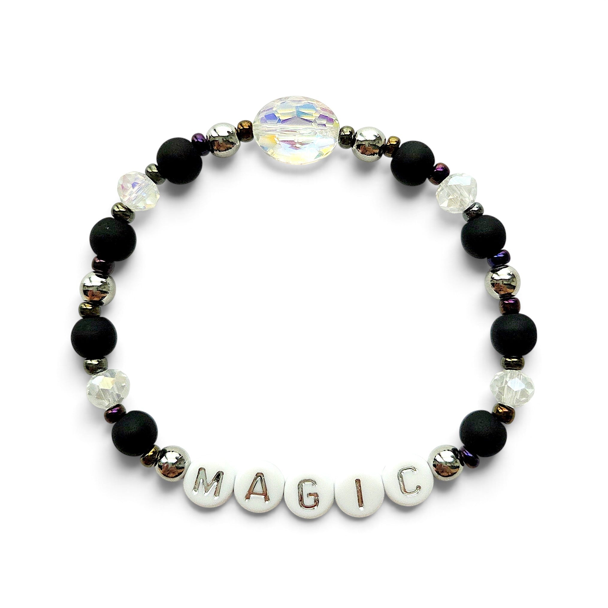 Handmade by Erika Liesel Magic stretch bracelet with matte black beads, silver accents, and iridescent crystal center.