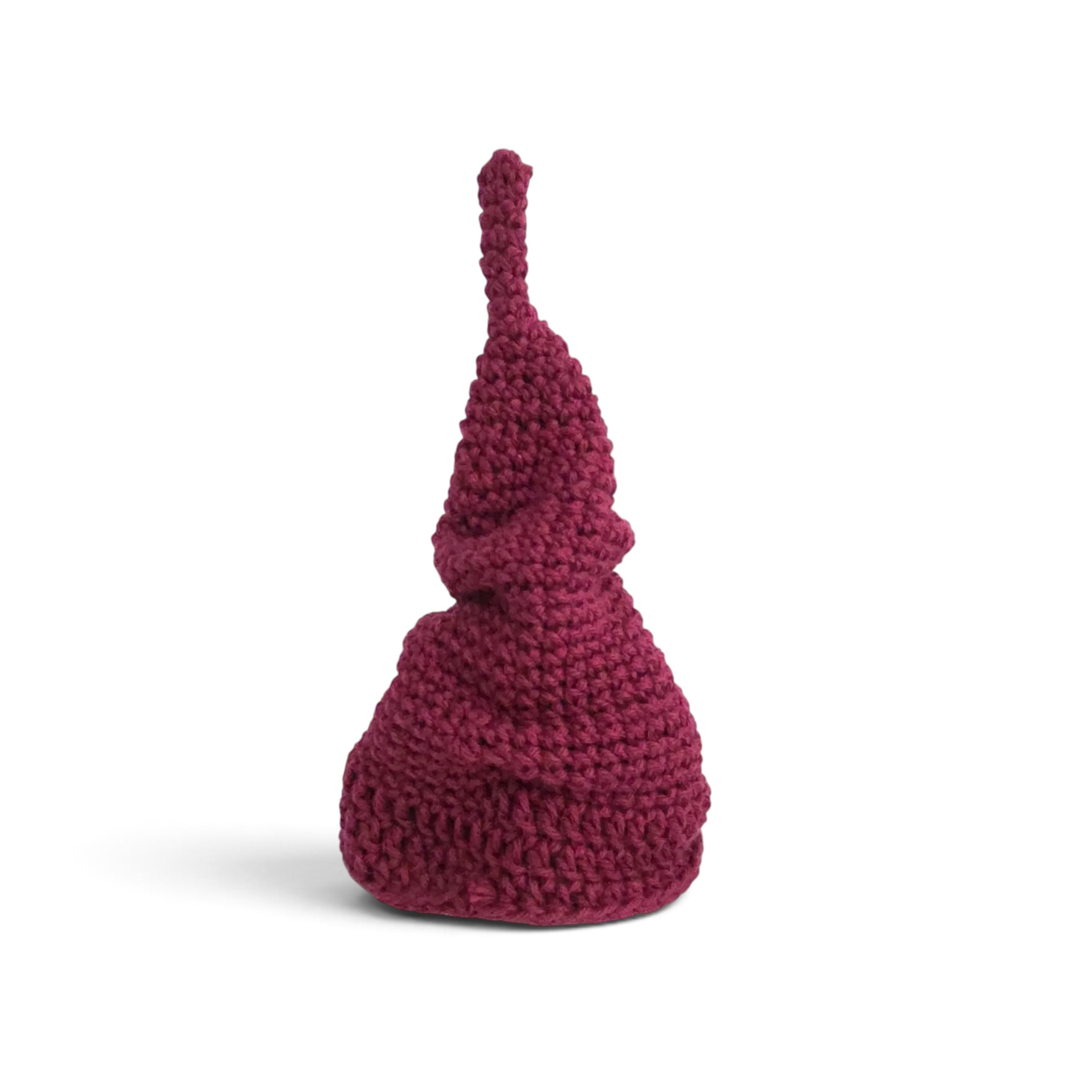Handmade by Erika Liesel maroon hand-crocheted cotton scrunchie gnome hat with a slouchy gathered design.