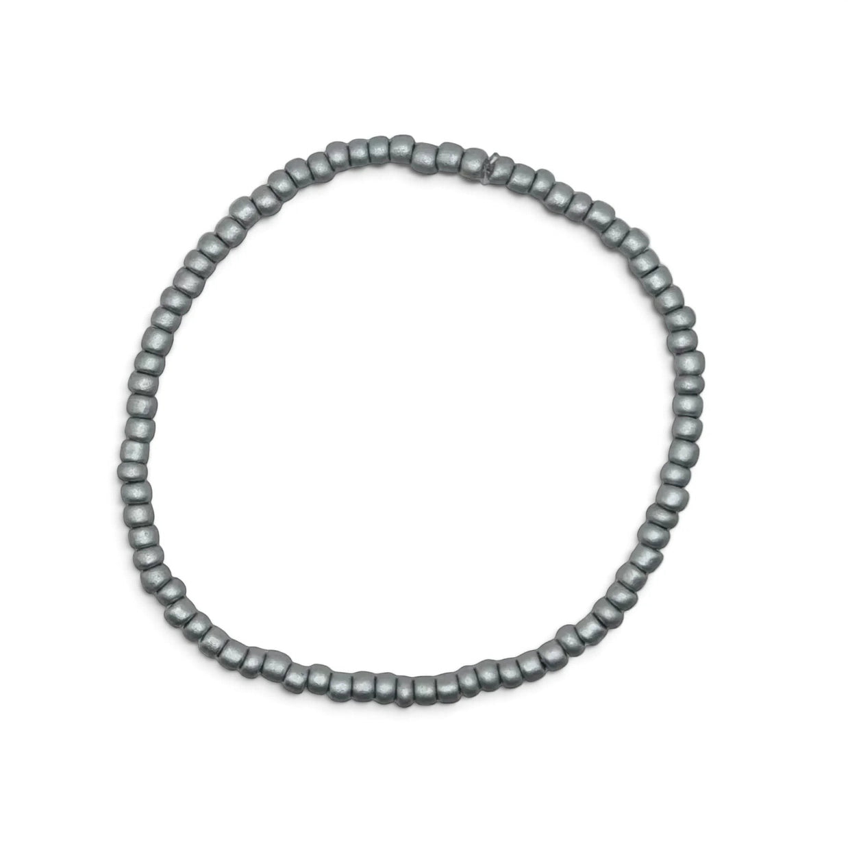 Handmade by Erika Liesel Frost bracelet featuring 3mm matte silver glass beads on a durable stretch elastic cord.