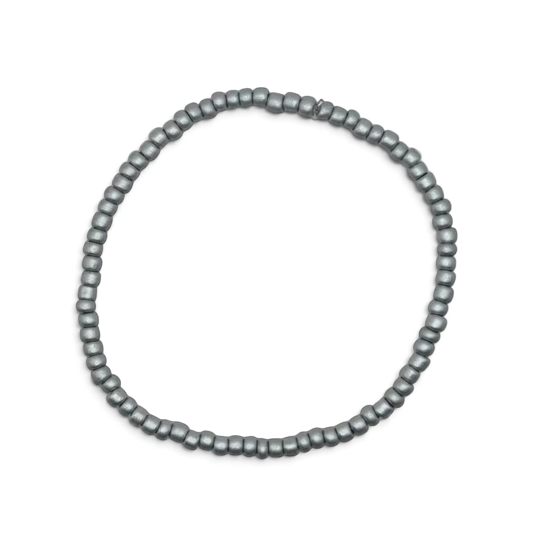 Handmade by Erika Liesel Frost bracelet featuring 3mm matte silver glass beads on a durable stretch elastic cord.