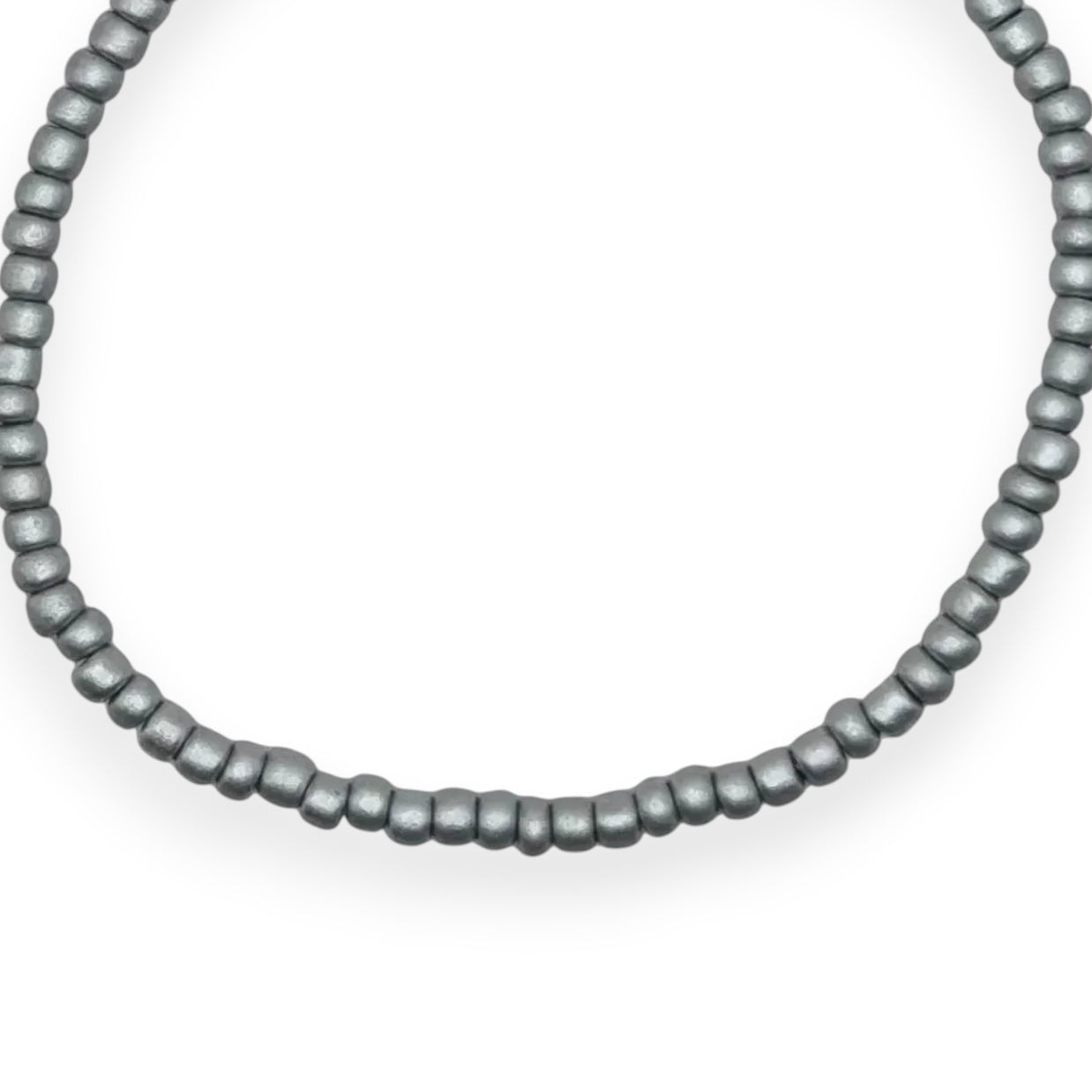 Handmade by Erika Liesel Frost stretch bracelet featuring 3mm matte silver glass beads on a durable elastic cord.