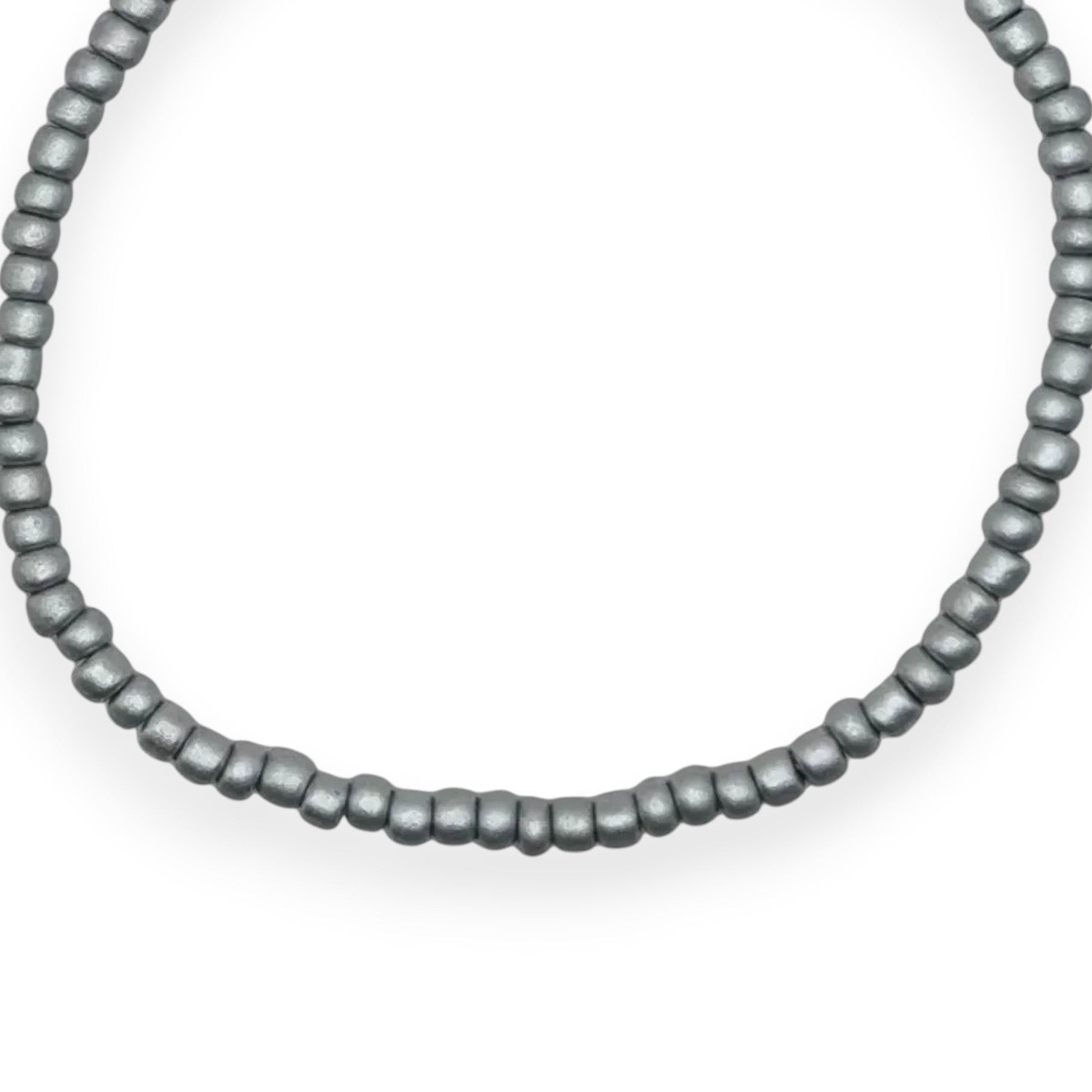 Handmade by Erika Liesel Frost stretch bracelet featuring 3mm matte silver glass beads on a durable elastic cord.