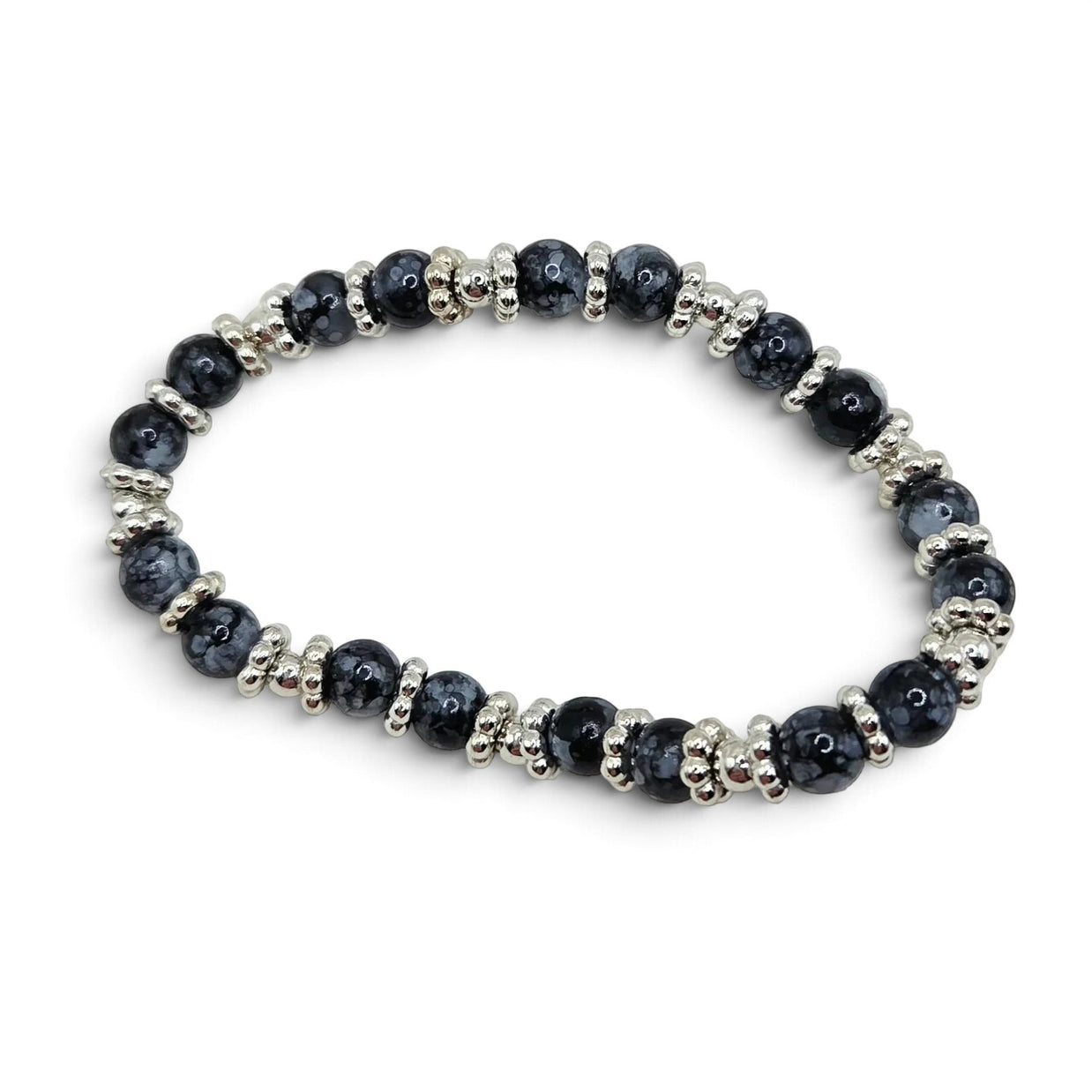 Handmade by Erika Liesel Midnight Marble stretch bracelet with black marbled glass beads and silver spacer beads.