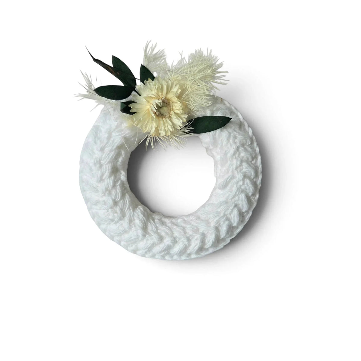 Handmade by Erika Liesel mini crochet wreath in white with dried floral accents for neutral home decor