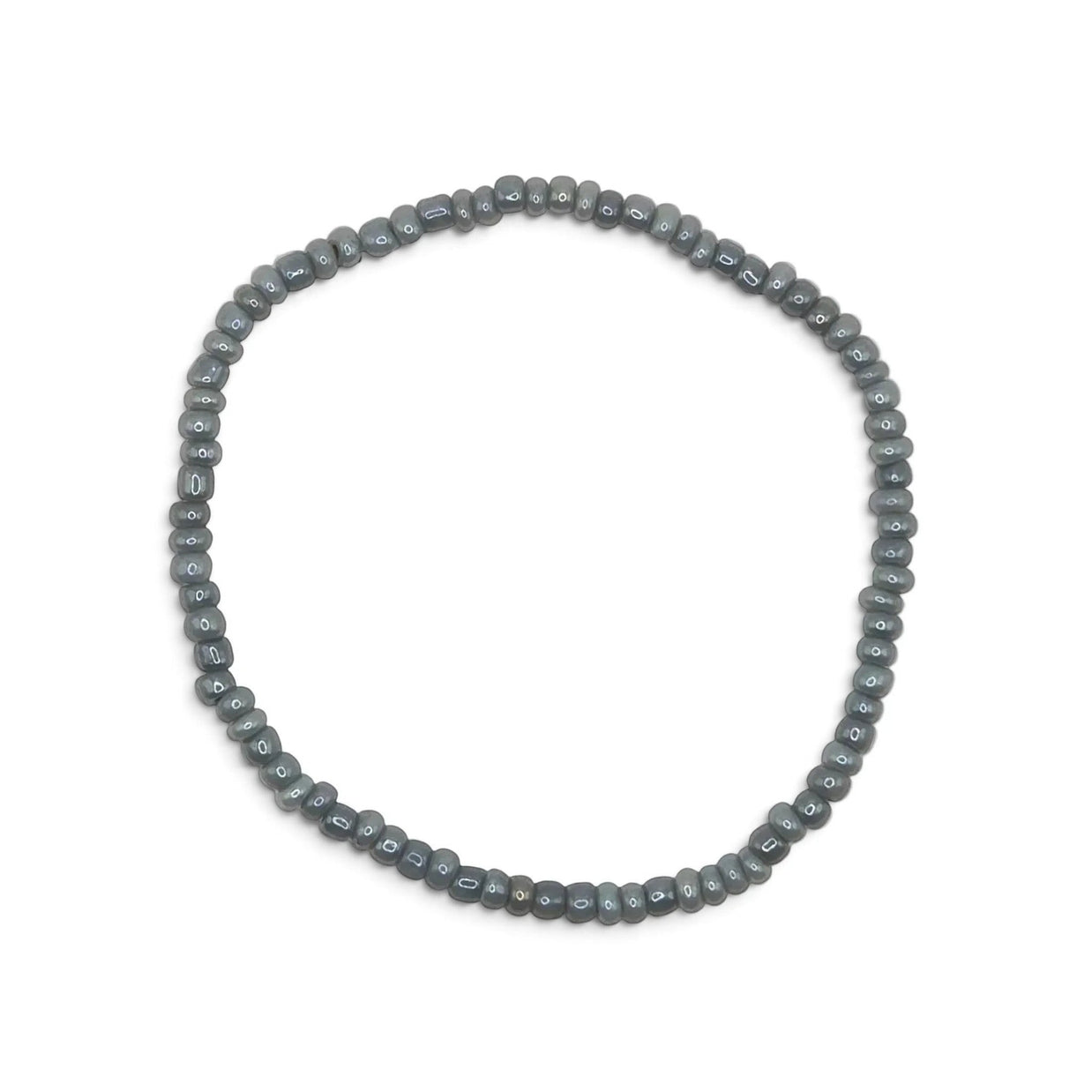 Handmade by Erika Liesel Mist bracelet featuring 3mm soft gray glass beads on a durable stretch elastic cord