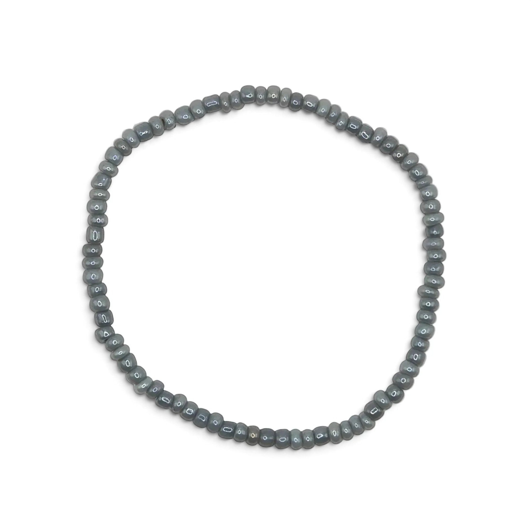 Handmade by Erika Liesel Mist bracelet featuring 3mm soft gray glass beads on a durable stretch elastic cord