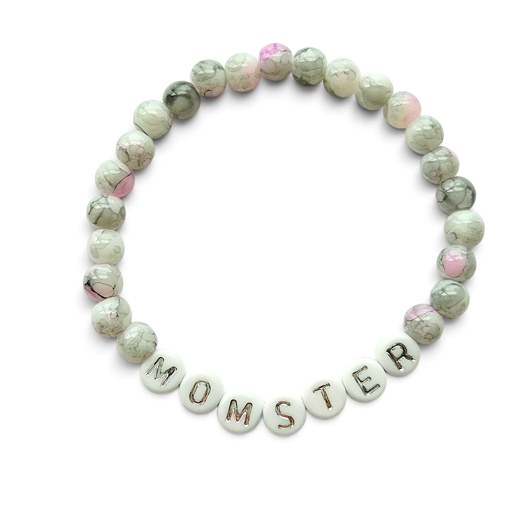 Handmade by Erika Liesel Momster bracelet with gray marbled glass beads, pink accents, and silver letter beads.