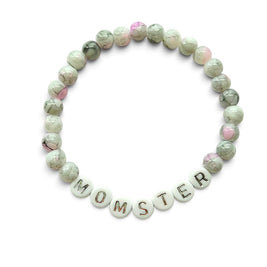Handmade by Erika Liesel Momster bracelet with gray marbled glass beads, pink accents, and silver letter beads.