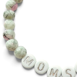 Handmade by Erika Liesel Momster bracelet with gray marbled glass beads, pink accents, and silver MOMSTER letter beads