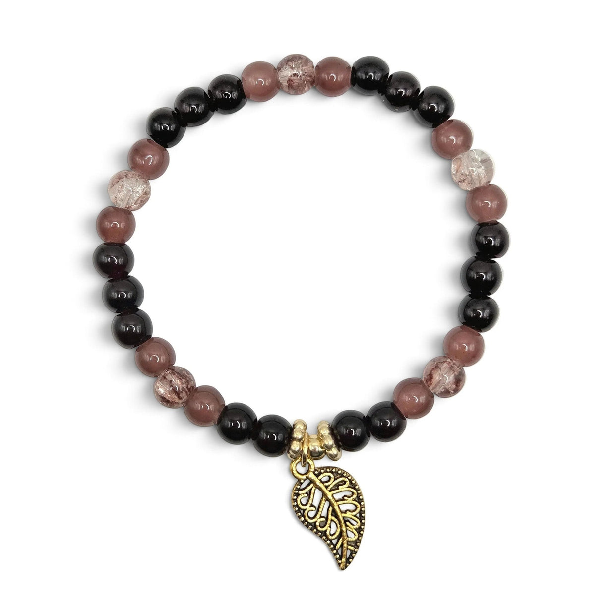 Handmade by Erika Liesel stretch bracelet with black, mulberry, and crackle glass beads and a gold-tone leaf charm.