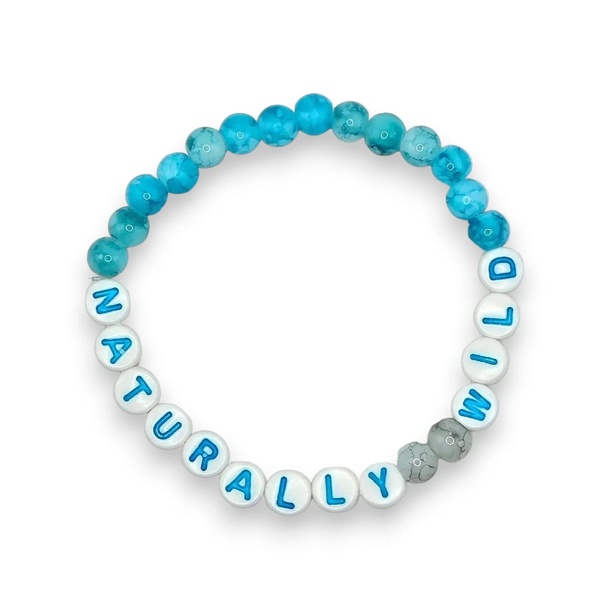 Handmade by Erika Liesel Naturally Wild stretch bracelet with blue marbled glass beads and white lettered charms.