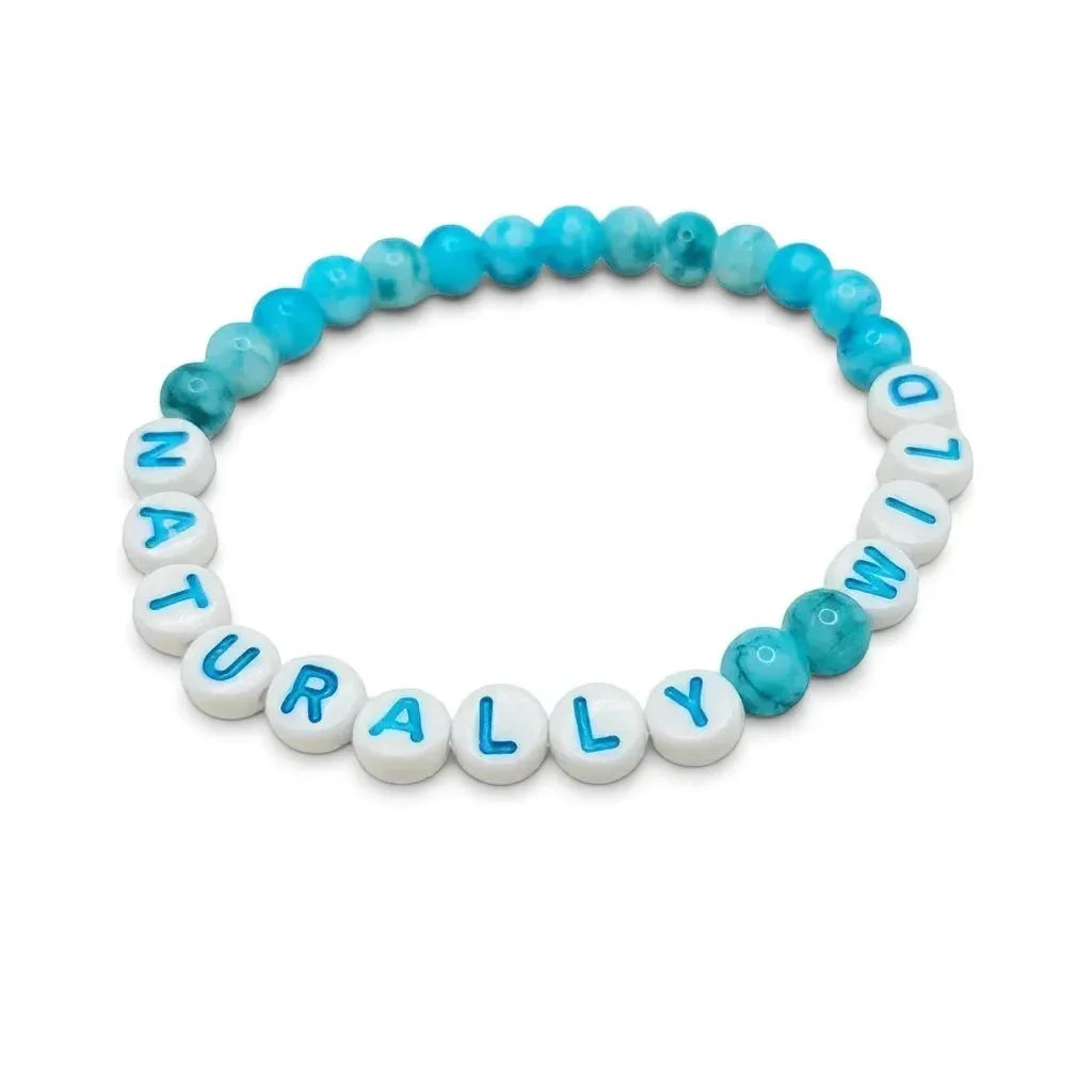 Handmade by Erika Liesel stretch bracelet featuring vibrant blue marbled glass beads and white lettered beads.