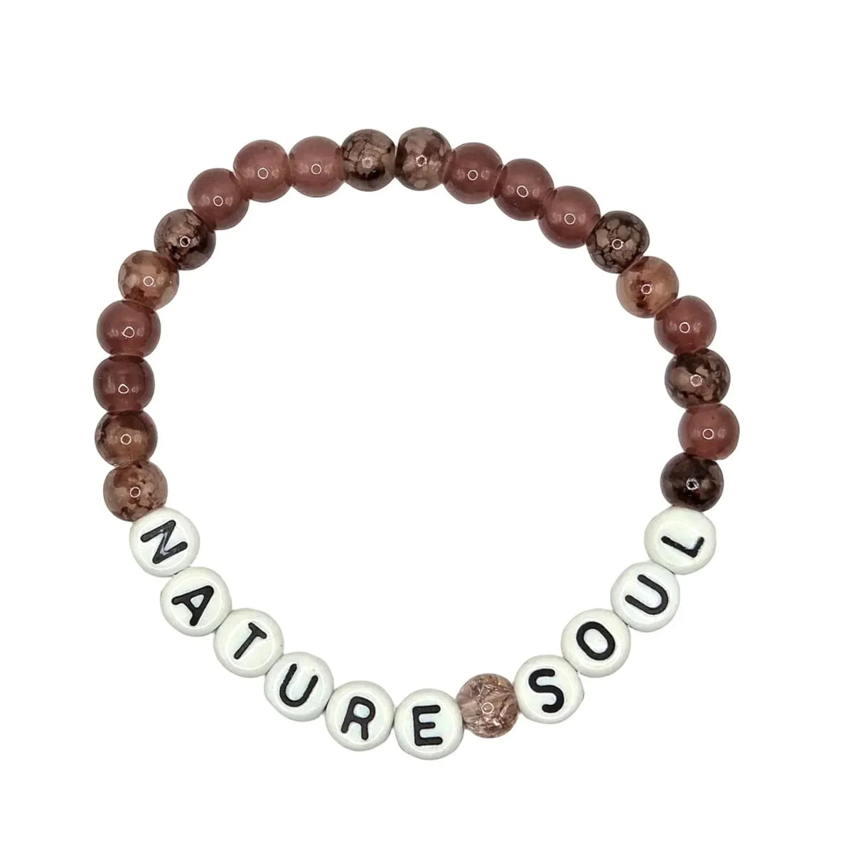 Handmade by Erika Liesel Nature Soul stretch bracelet with mauve and brown marbled glass beads and letter charms.
