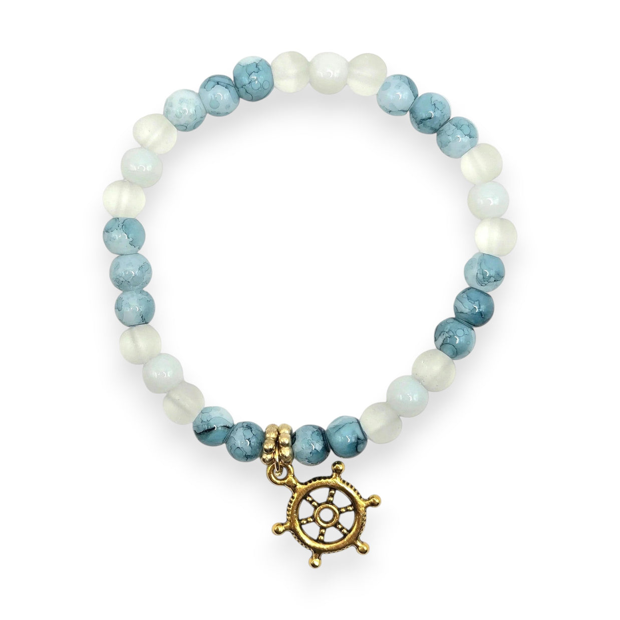 Handmade by Erika Liesel Harbor Bracelet featuring white and blue marbled glass beads with a gold ship wheel charm.