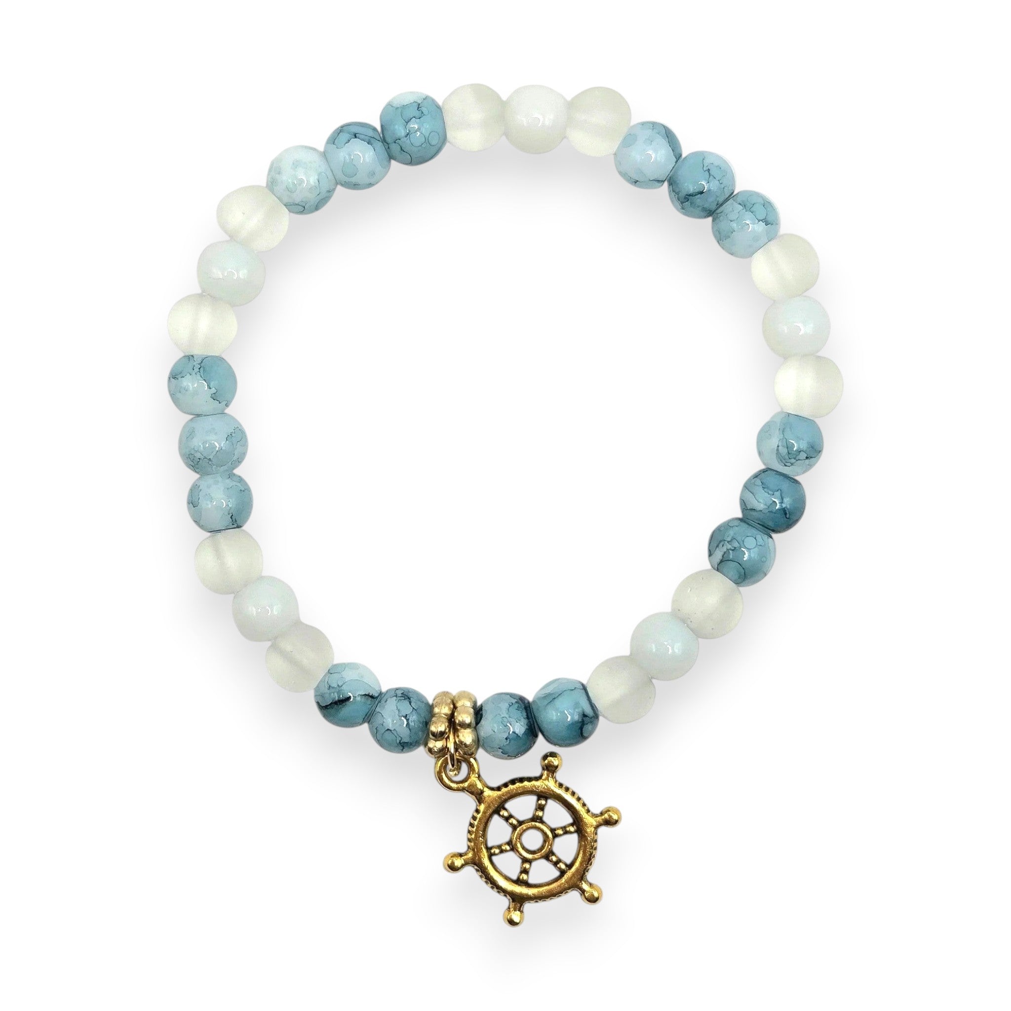 Handmade by Erika Liesel Harbor Bracelet featuring white and blue marbled glass beads with a gold ship wheel charm.