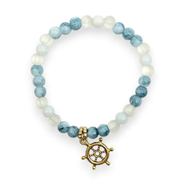 Handmade by Erika Liesel Harbor Bracelet featuring white and blue marbled glass beads with a gold ship wheel charm.