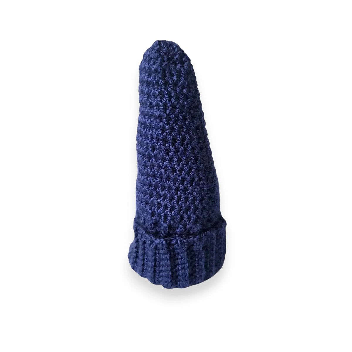 Handmade navy blue crochet beanie with ribbed brim, cozy winter hat for everyday comfort