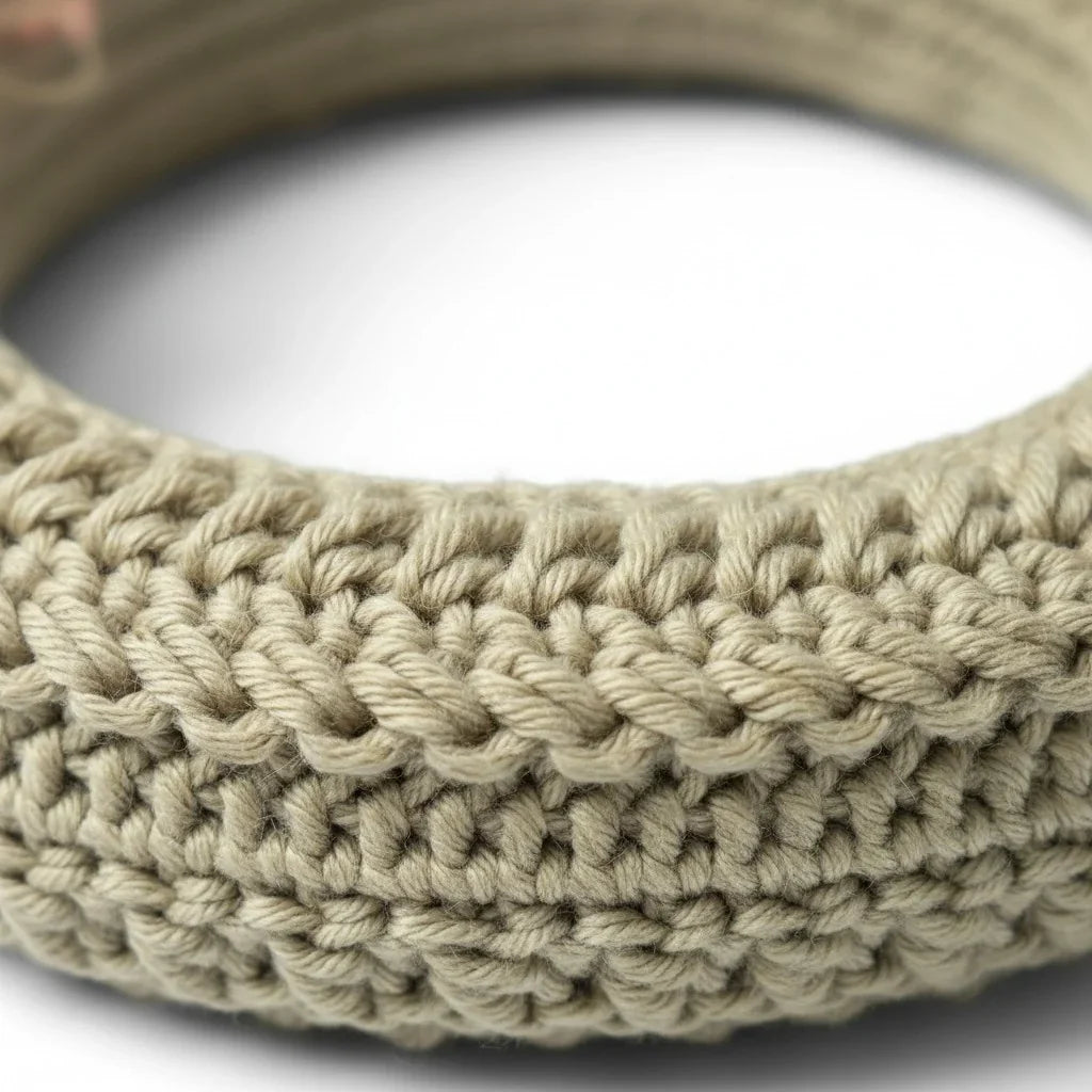 Handmade by Erika Liesel neutral crochet floral wreath with textured yarn detail for seasonal home decor