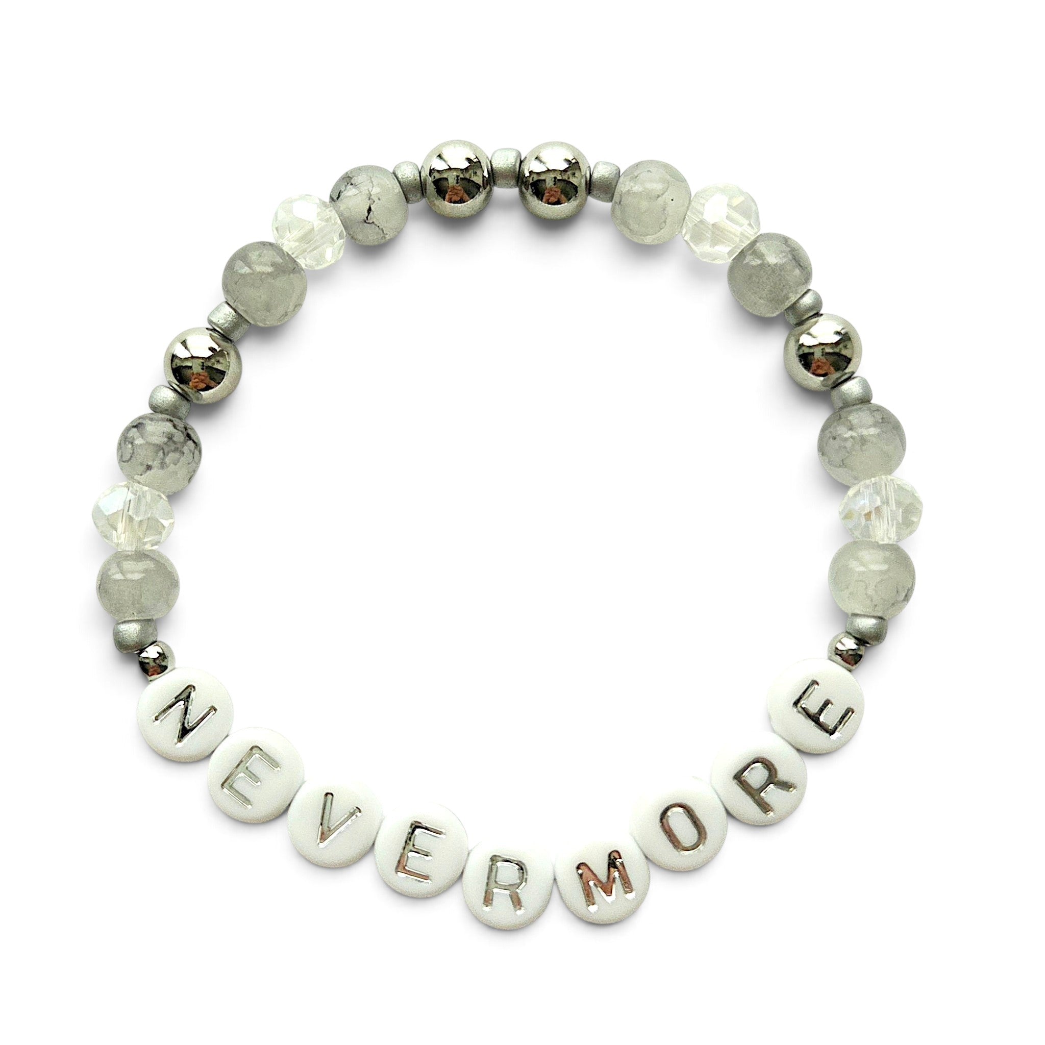 Handmade by Erika Liesel Nevermore stretch bracelet with gray marbled glass, crystal, and silver lettered beads.