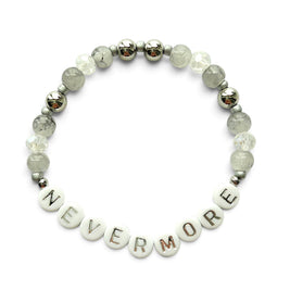 Handmade by Erika Liesel Nevermore stretch bracelet with gray marbled glass, crystal, and silver lettered beads.
