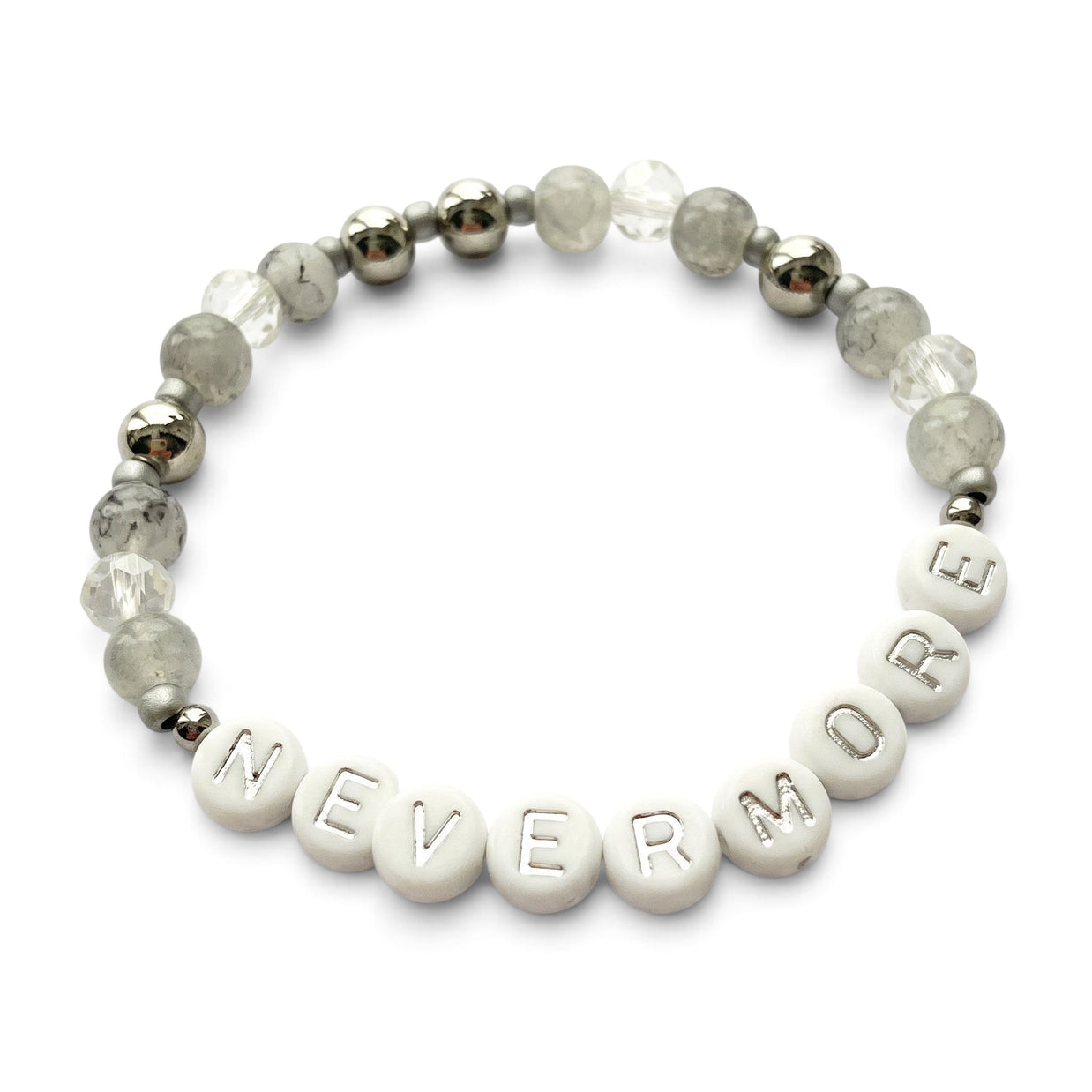 Handmade by Erika Liesel Nevermore stretch bracelet with gray marbled glass, crystal, and silver letter beads.
