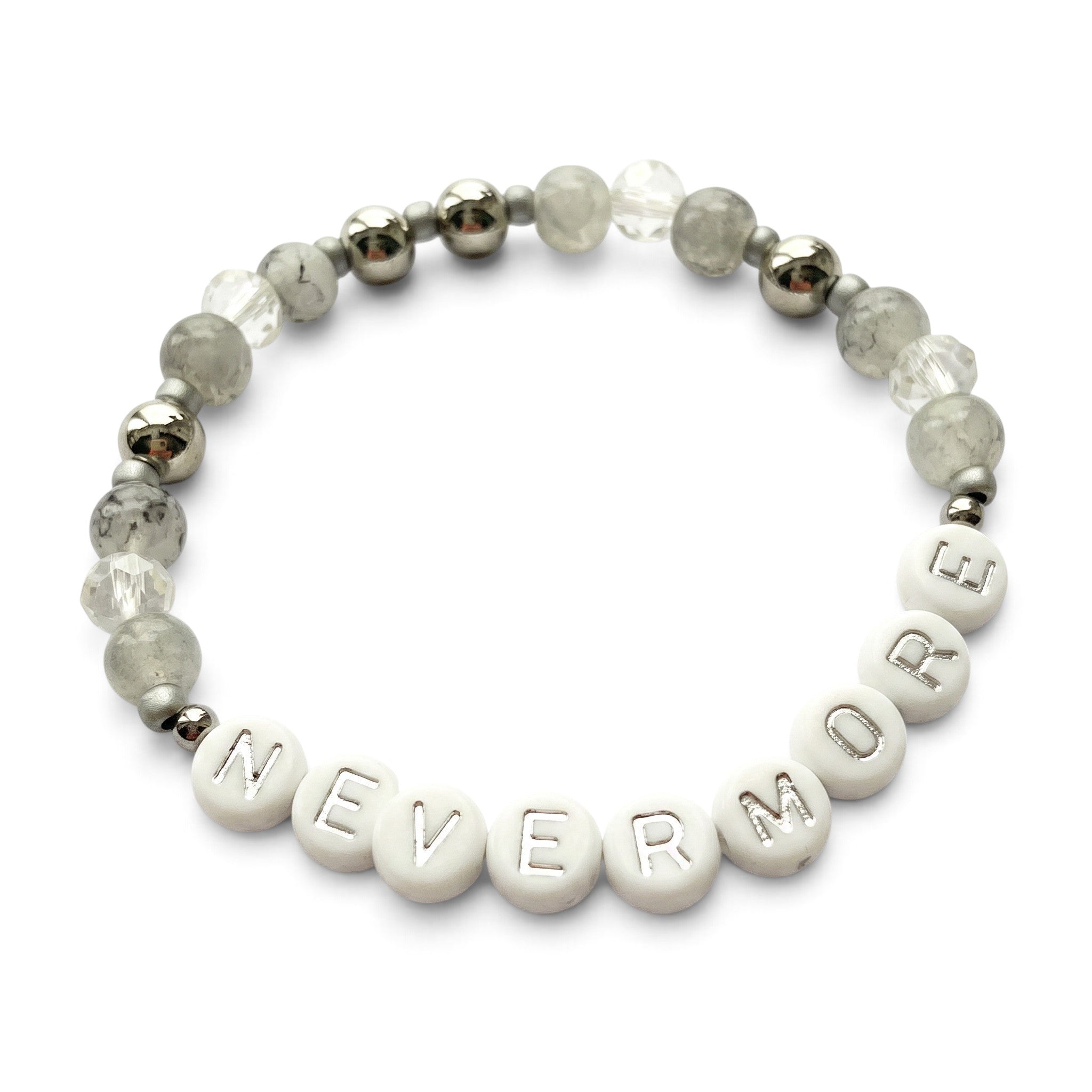 Handmade by Erika Liesel Nevermore stretch bracelet with gray marbled glass, crystal, and silver letter beads.