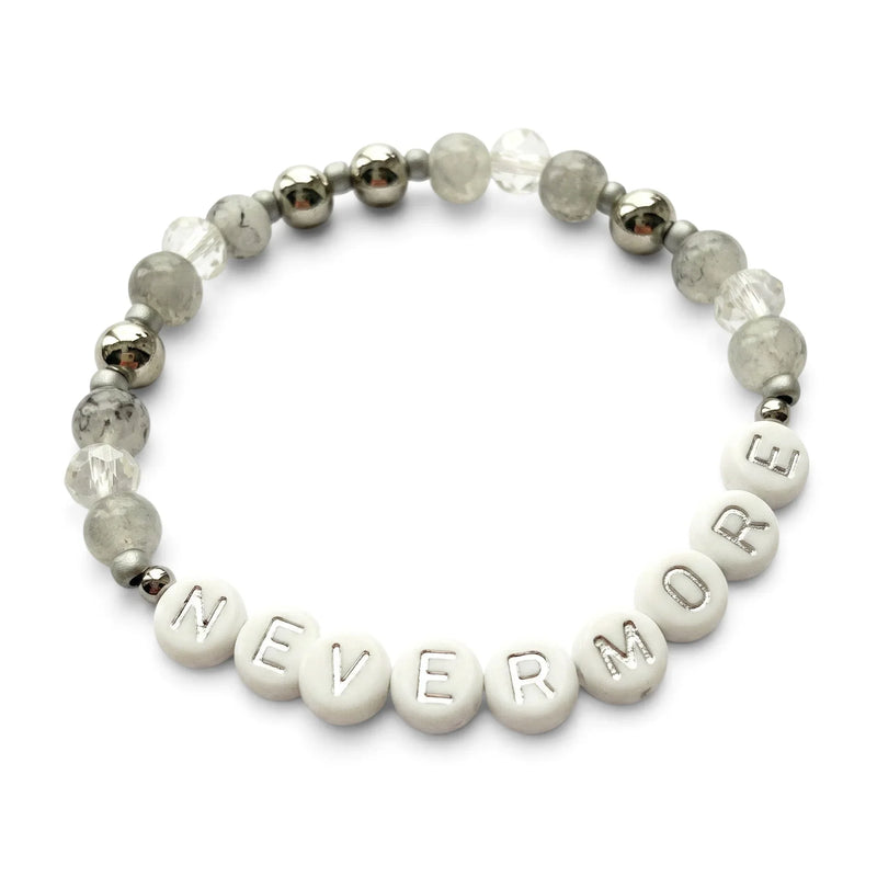 Handmade by Erika Liesel Nevermore stretch bracelet with gray marbled glass, crystal, and silver letter beads.