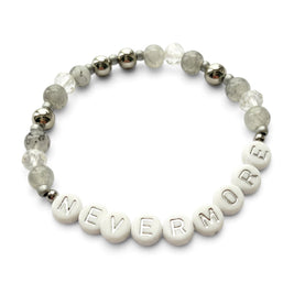 Handmade by Erika Liesel Nevermore stretch bracelet with gray marbled glass, crystal, and silver letter beads.