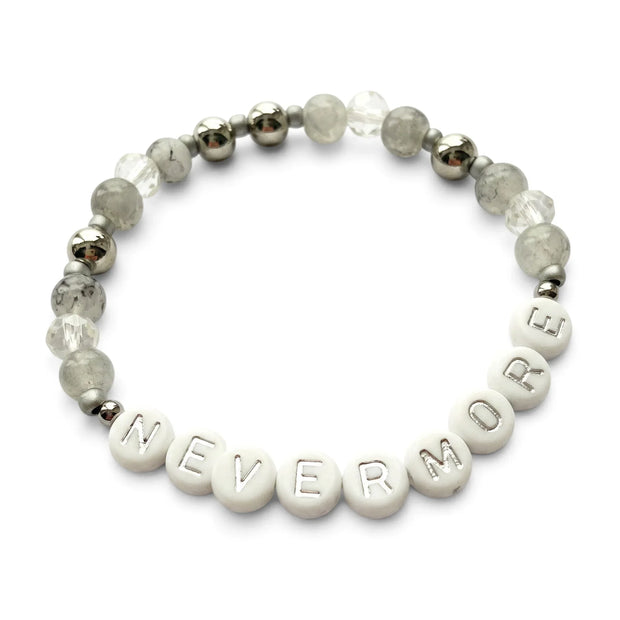 Handmade by Erika Liesel Nevermore stretch bracelet with gray marbled glass, crystal, and silver letter beads.