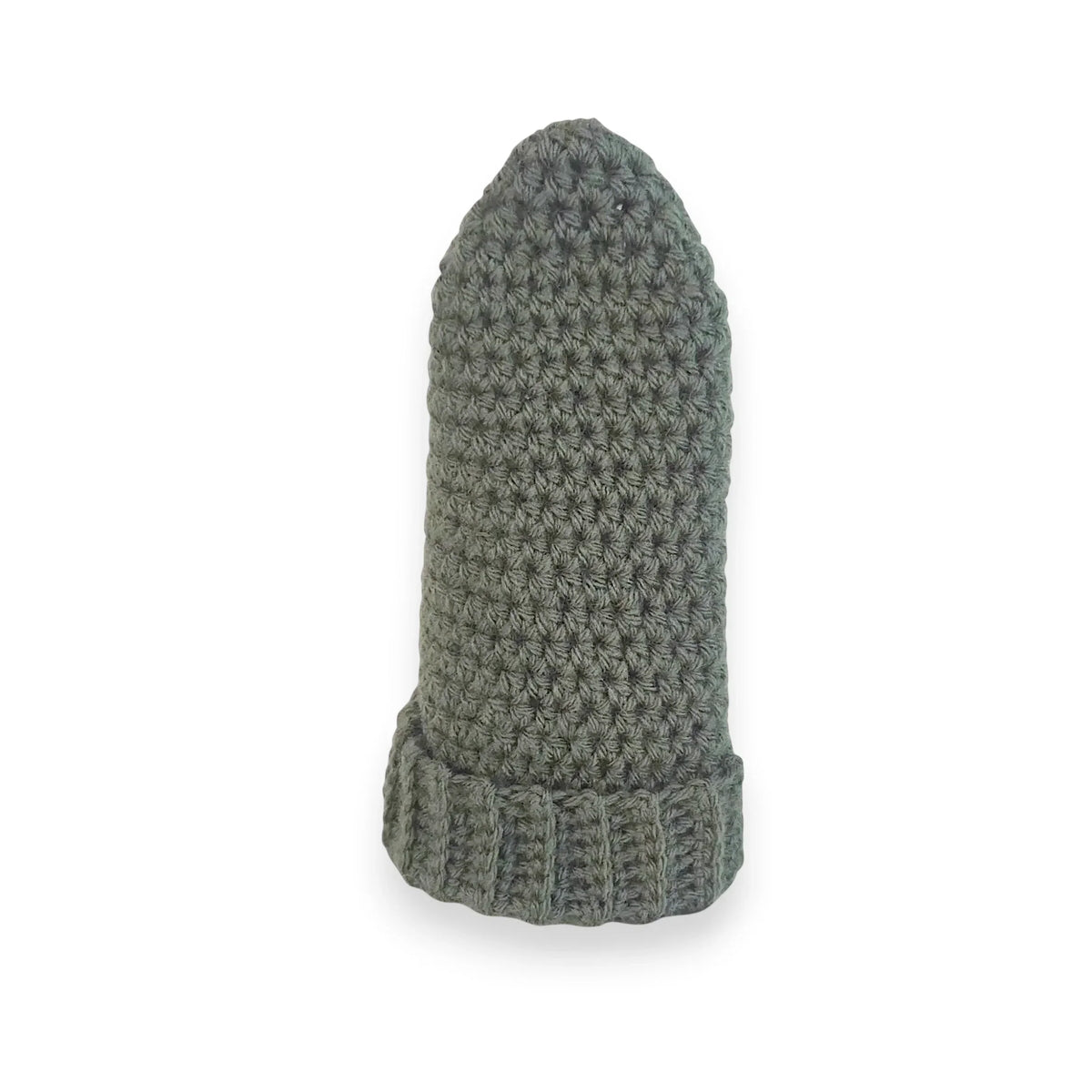 Handmade olive green crochet beanie with ribbed brim, cozy winter hat for everyday wear