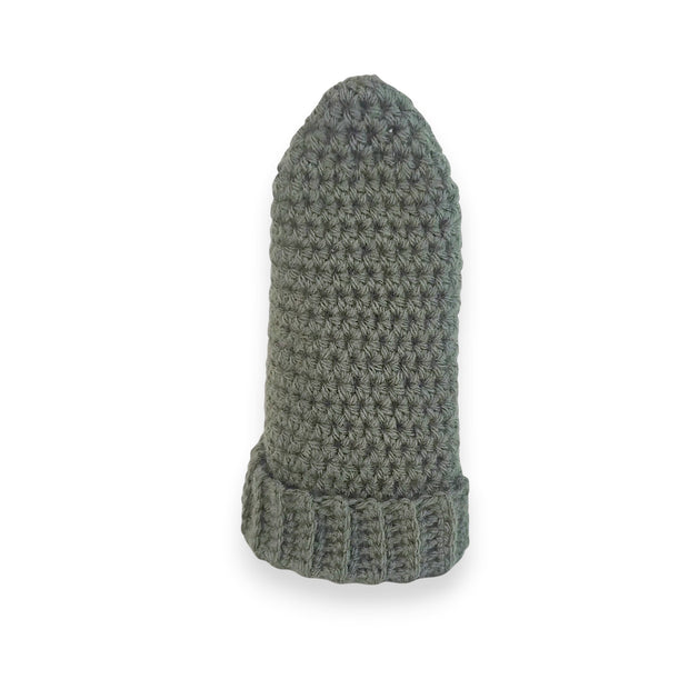 Handmade olive green crochet beanie with ribbed brim, cozy winter hat for everyday wear