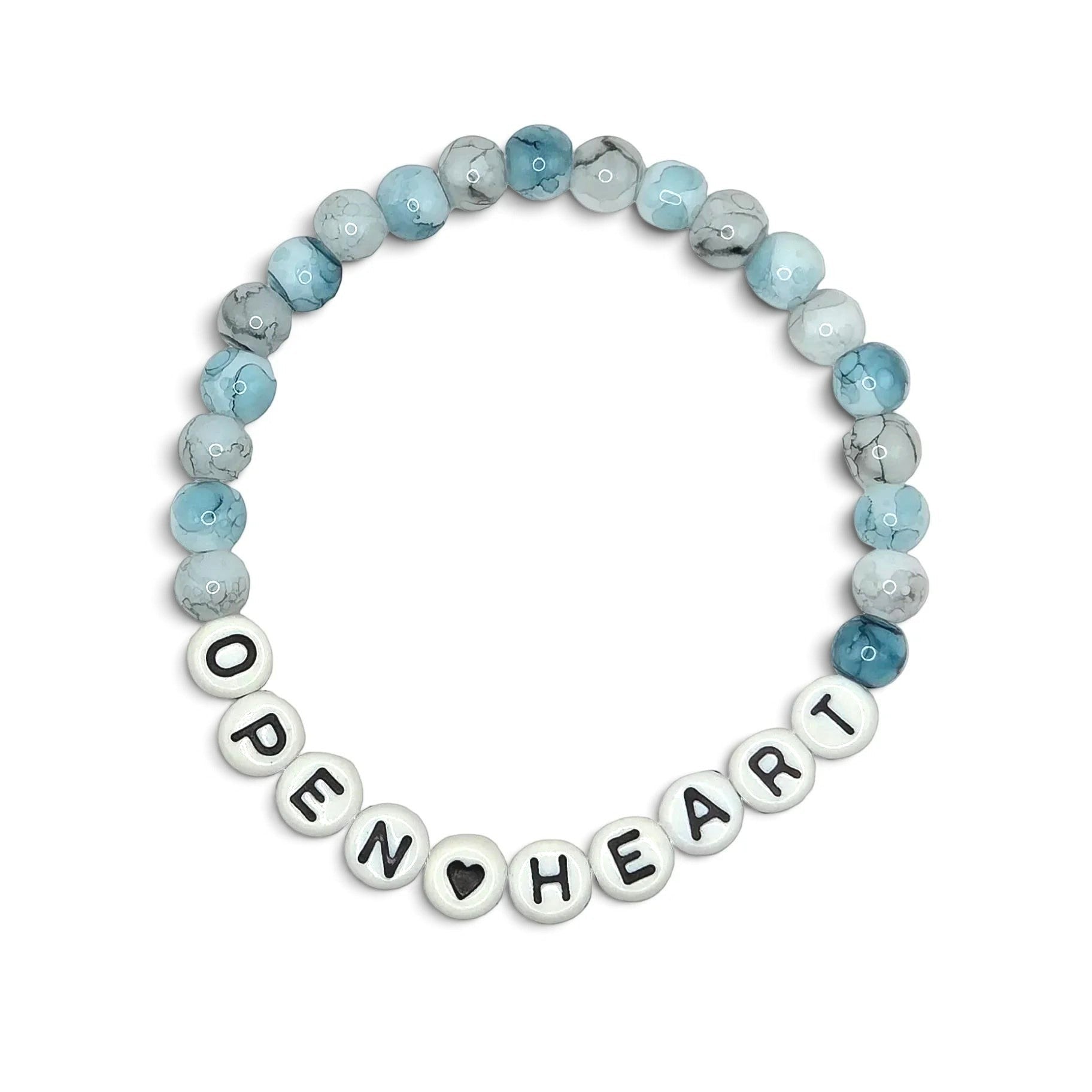 Handmade by Erika Liesel stretch bracelet with pale blue marbled glass beads and white letter beads spelling OPEN HEART