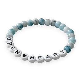 Handmade by Erika Liesel stretch bracelet with blue marbled glass beads and white letter beads spelling Open Heart.