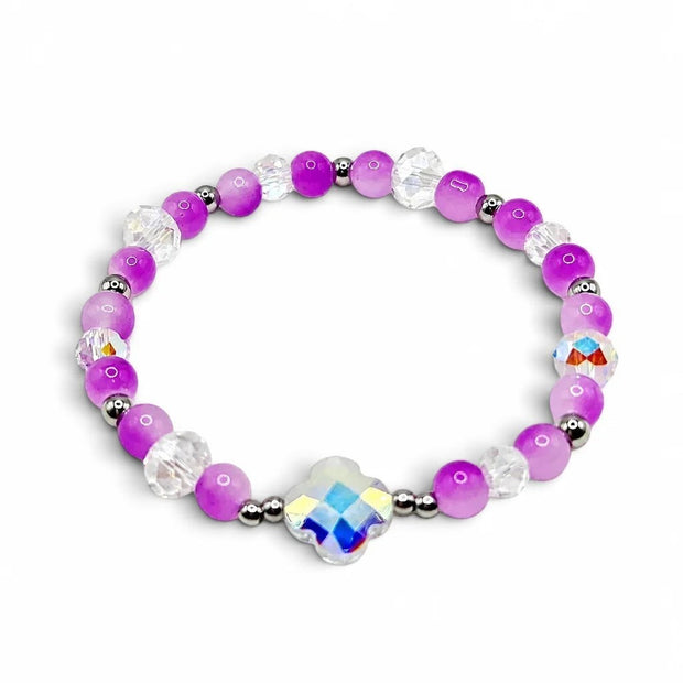 Handmade by Erika Liesel orchid glass bead bracelet with crystal accents, silver-tone beads, and iridescent charm.