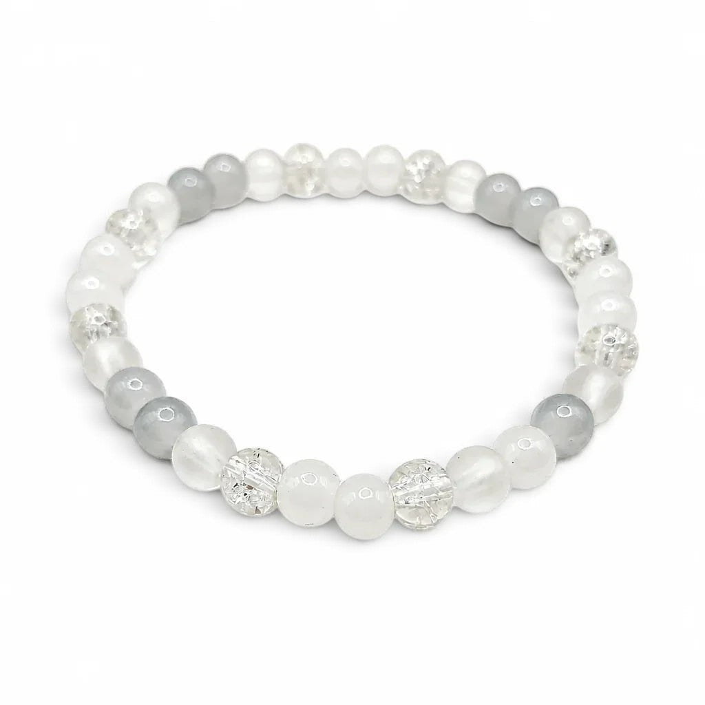 Handmade by Erika Liesel Pale Moon stretch bracelet featuring white, gray, and clear crackle glass beads.