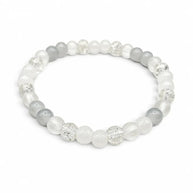 Handmade by Erika Liesel Pale Moon stretch bracelet featuring white, gray, and clear crackle glass beads.