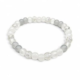 Handmade by Erika Liesel Pale Moon stretch bracelet featuring white, gray, and clear crackle glass beads.