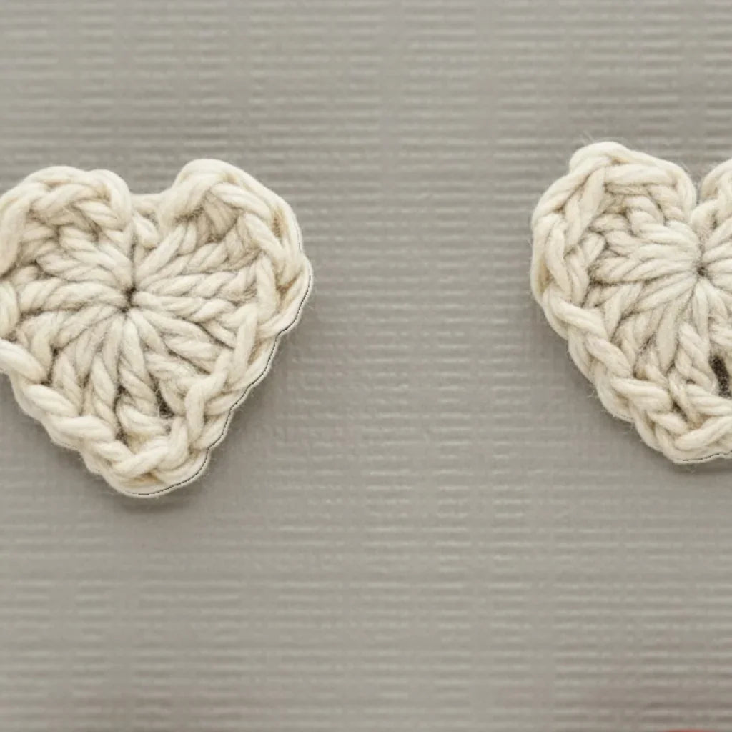 Handmade by Erika Liesel paw print button studs and cream crochet heart stud earrings on a grey display card.