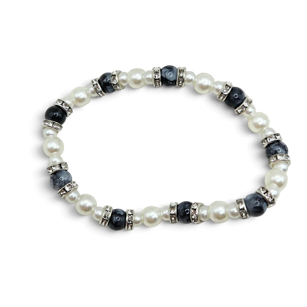 Handmade by Erika Liesel Pearl Noir stretch bracelet featuring faux pearls, black marbled glass beads, and rhinestones.
