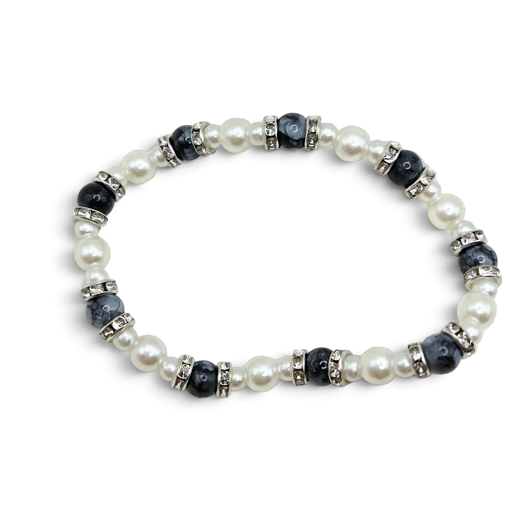 Handmade by Erika Liesel Pearl Noir stretch bracelet featuring faux pearls, black marbled glass beads, and rhinestones.