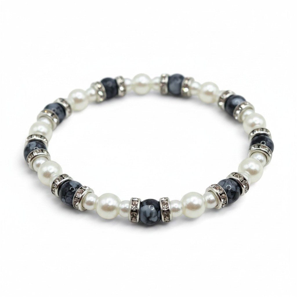 Handmade by Erika Liesel Pearl Noir stretch bracelet featuring faux pearls, black marbled glass, and rhinestone beads.