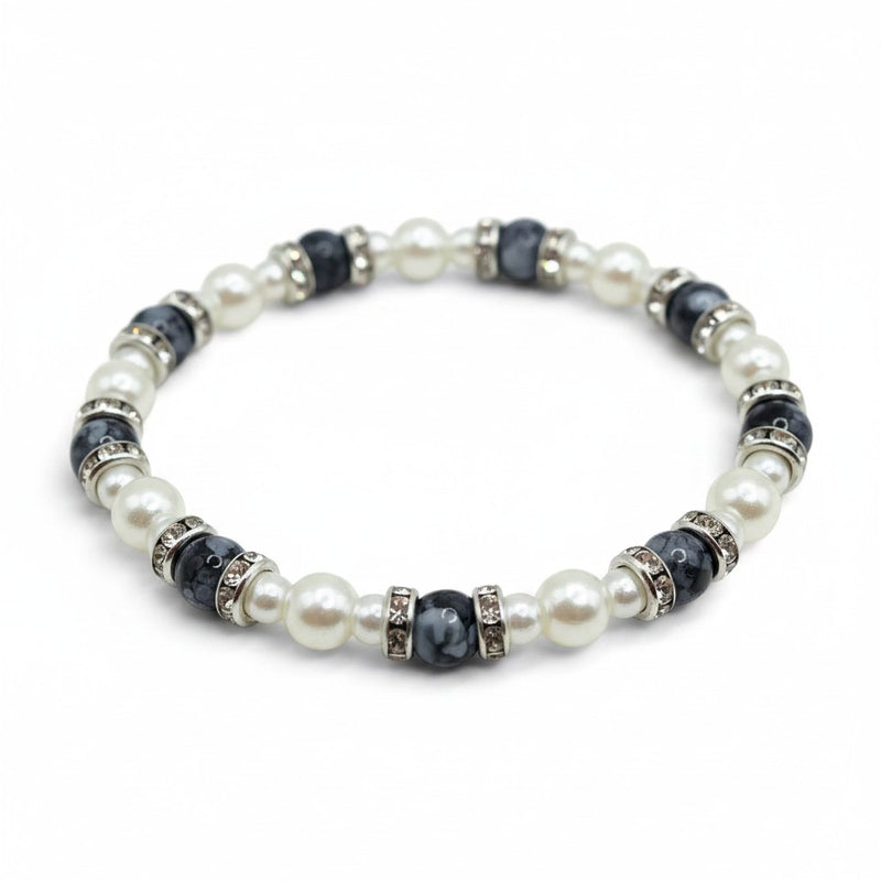 Handmade by Erika Liesel Pearl Noir stretch bracelet featuring faux pearls, black marbled glass, and rhinestone beads.